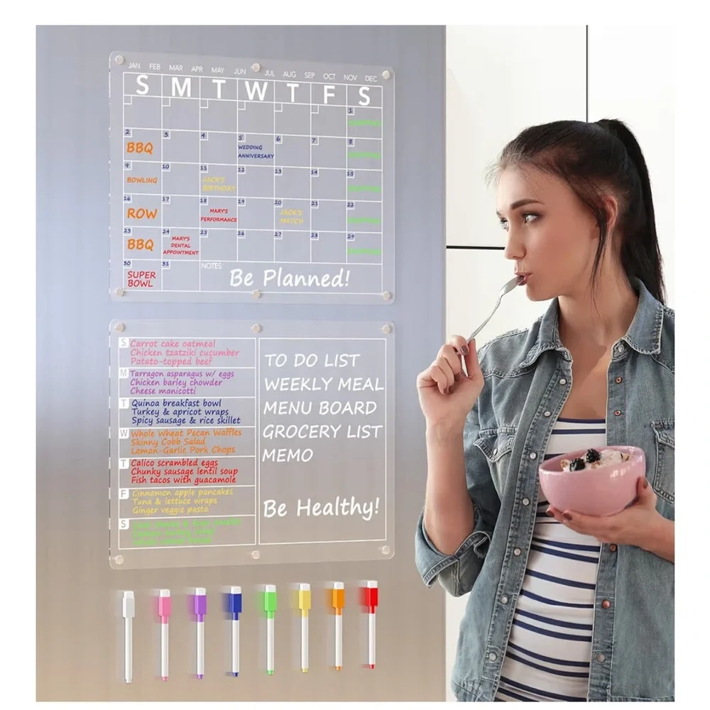 Acrylic Magnetic Dry Erase Monthly & Weekly Calendar for Fridge w/ 8 markers